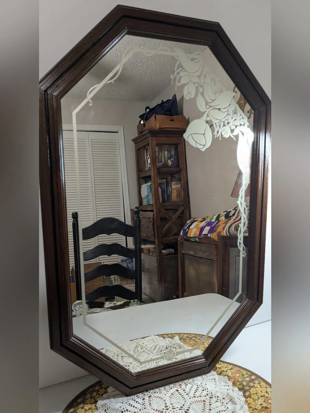 Vintage Octagonal Wall Mirror in Dark Brown with Etched Floral Design